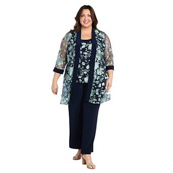 Plus Size R&M Richards 2 pc Floral Threaded Duster & Pantsuit Set