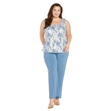 Plus Size R&M Richards 3-pc. Metallic Patterned Jacket, Sleeveless Top & Chiffon Pants Set with Removable Necklace