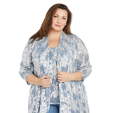 Plus Size R&M Richards 3-pc. Metallic Patterned Jacket, Sleeveless Top & Chiffon Pants Set with Removable Necklace