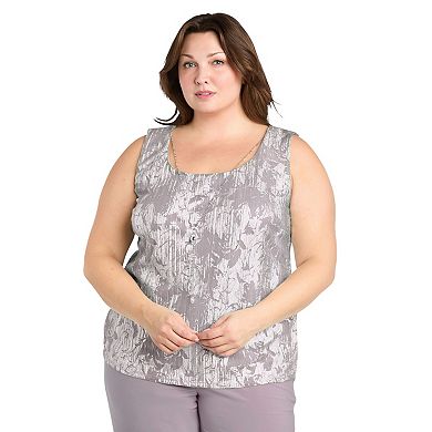 Plus Size R&M Richards 3-pc. Metallic Patterned Jacket, Sleeveless Top & Chiffon Pants Set with Removable Necklace