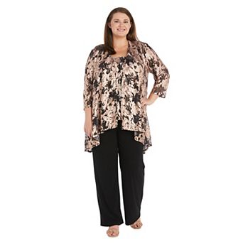 Plus Size R&M Richards 3 pc Metallic Patterned Jacket, Sleeveless Top & Chiffon Pants Set with Removable Necklace