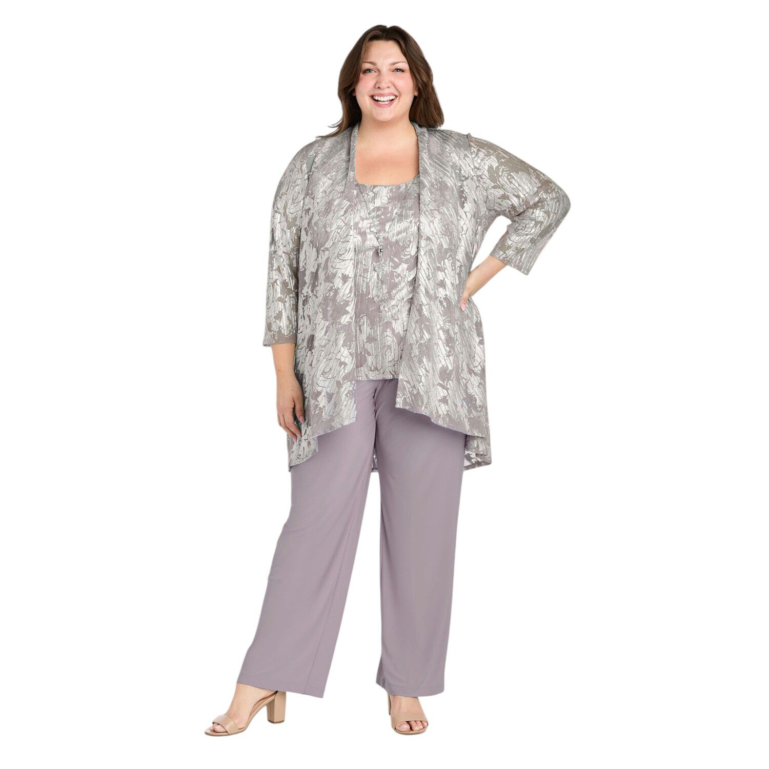 Женские платья R&M Richards Plus Size R&M Richards 3 pc Metallic Patterned Jacket, Sleeveless Top & Chiffon Pants Set with Removable Necklace