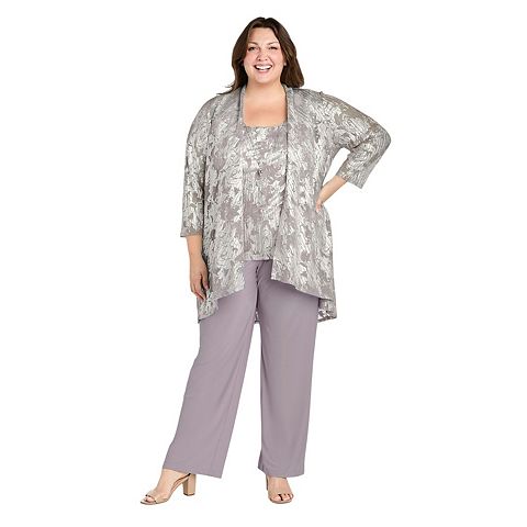 Женские платья R&M Plus Size R&M Richards 3 pc Metallic Patterned Jacket, Sleeveless Top & Chiffon Pants Set with Removable Necklace