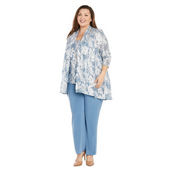 Plus Size R&M Richards 3 pc Metallic Patterned Jacket, Sleeveless Top & Chiffon Pants Set with Removable Necklace