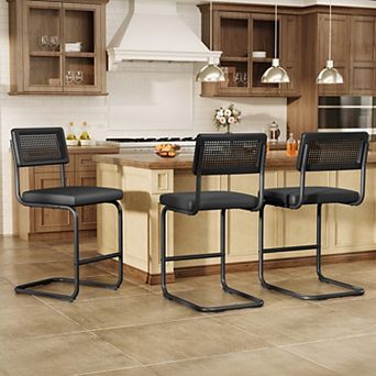 Set of 3 Counter Height Bar Stools, Armless & Rattan Back Design,