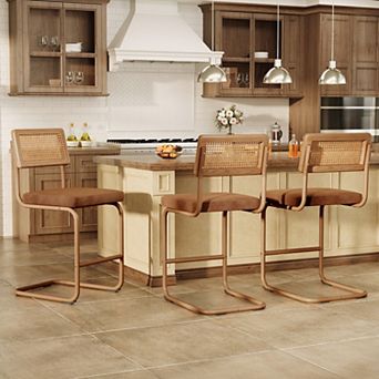 Set of 3 Counter Height Bar Stools, Armless & Rattan Back Design,