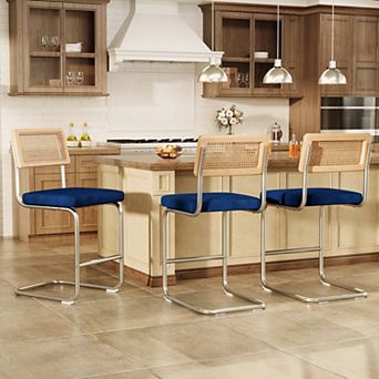 Set of 3 Counter Height Bar Stools, Armless & Rattan Back Design,
