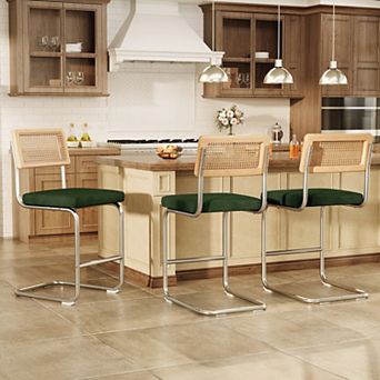 Set of 3 Counter Height Bar Stools, Armless & Rattan Back Design,