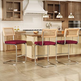 Set of 3 Counter Height Bar Stools, Armless & Rattan Back Design,