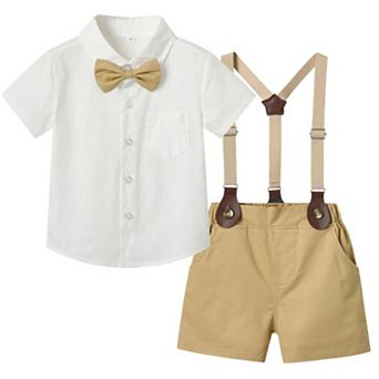 Toddler Boys Easter Khaki Button-Up and Suspenders Set
