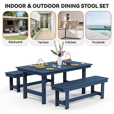 3-Piece HDPE Outdoor Dining Set with Umbrella Hole Table and Two 2-Person Benches