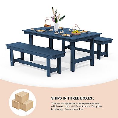 3-Piece HDPE Outdoor Dining Set with Umbrella Hole Table and Two 2-Person Benches