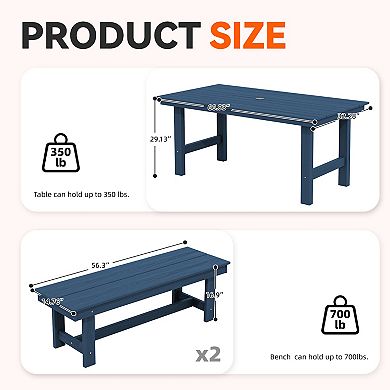 3-Piece HDPE Outdoor Dining Set with Umbrella Hole Table and Two 2-Person Benches