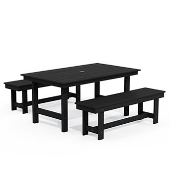 3 pc HDPE Outdoor Dining Set with Umbrella Hole Table and Two 2-Person Benches