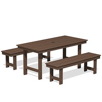 3 pc HDPE Outdoor Dining Set with Umbrella Hole Table and Two 2-Person Benches