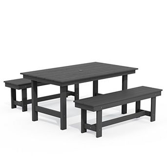 3 pc HDPE Outdoor Dining Set with Umbrella Hole Table and Two 2-Person Benches