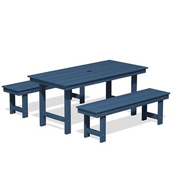 3 pc HDPE Outdoor Dining Set with Umbrella Hole Table and Two 2-Person Benches