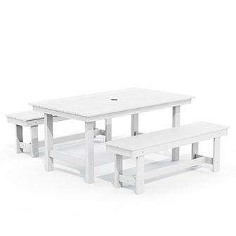 3 pc HDPE Outdoor Dining Set with Umbrella Hole Table and Two 2-Person Benches