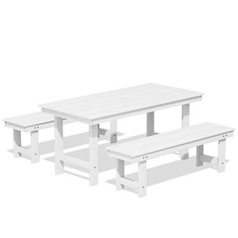 3 pc HDPE Outdoor Dining Set with Umbrella Hole Table and Two 2-Person Benches