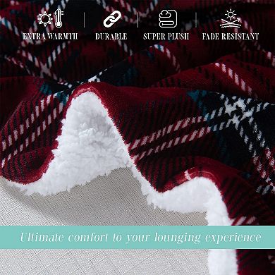 Elegant Comfort Plaid Pattern Printed Velvet Plush Fleece Sherpa Throw