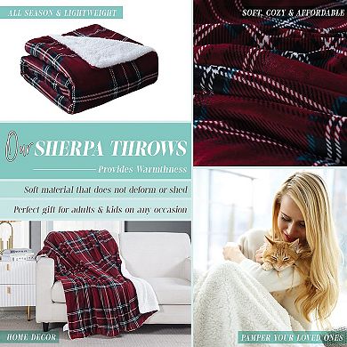 Elegant Comfort Plaid Pattern Printed Velvet Plush Fleece Sherpa Throw