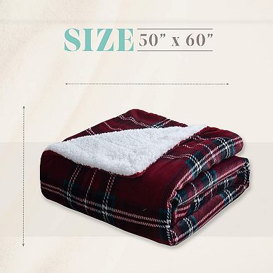 Elegant Comfort Plaid Pattern Printed Velvet Plush Fleece Sherpa Throw