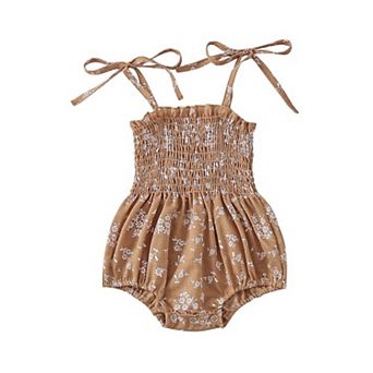 Baby Girls Sleeveless Boho Floral Tan Romper