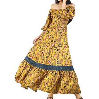 Women's Summer Floral Balloon Sleeve off shoulder Flowy Maxi Dress