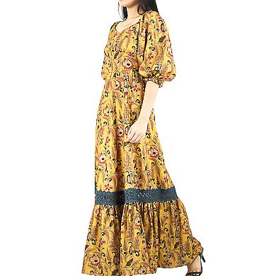 Women's Summer Floral Balloon Sleeve off shoulder Flowy Maxi Dress