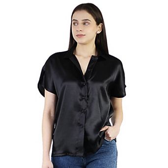 Women's Satin Button Down Shirt Short Sleeve Office Work Blouses Tops