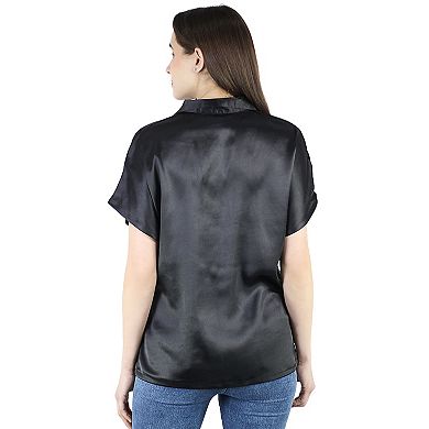 Women's Satin Button Down Shirt Short Sleeve Office Work Blouses Tops