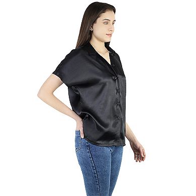 Women's Satin Button Down Shirt Short Sleeve Office Work Blouses Tops