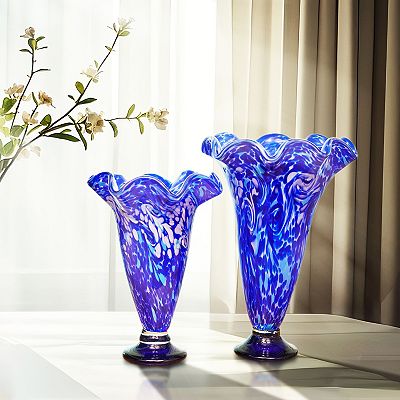 Luxury Lane Hand Blown Cobalt Blue Confetti Art Glass Flower Vase