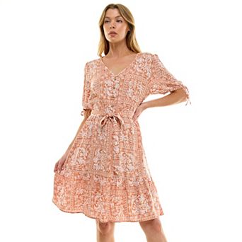 Women's Luxology Puff Sleeve V-Neck Dress with Tie Waist and Tiered Skirt