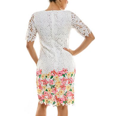 Women's Nina Leonard Elbow Sleeve Printed Lace Dress