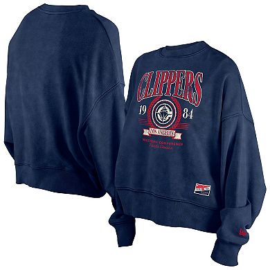 Women's New Era Navy LA Clippers Hardwood Classics Enzyme Wash Oversized Boxy Pullover Sweatshirt