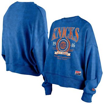 Women's New Era Blue New York Knicks Hardwood Classics Enzyme Wash Oversized Boxy Pullover Sweatshirt