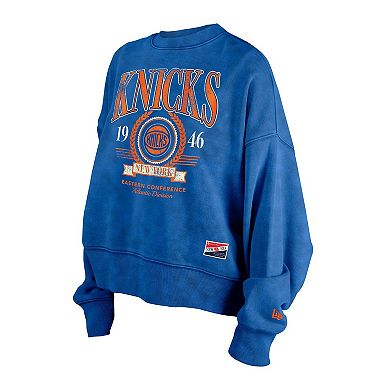 Women's New Era Blue New York Knicks Throwback Vintage Enzyme Wash Oversized Boxy Pullover Sweatshirt
