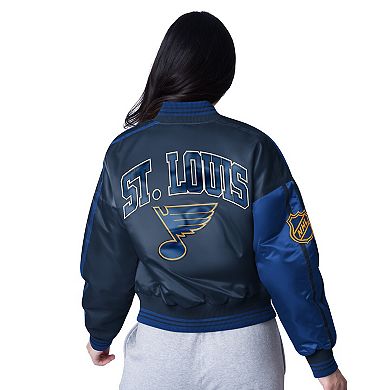 Women's Starter Black St. Louis Blues Zone Blitz Cropped Full-Snap Satin Jacket
