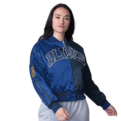 Women's Starter Black St. Louis Blues Zone Blitz Cropped Full-Snap Satin Jacket