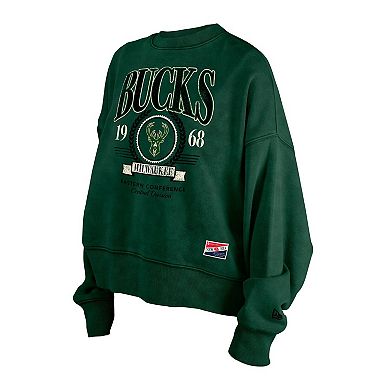 Women's New Era Hunter Green Milwaukee Bucks Throwback Vintage Enzyme Wash Oversized Boxy Pullover Sweatshirt