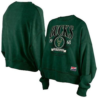 Women's New Era Hunter Green Milwaukee Bucks Throwback Vintage Enzyme Wash Oversized Boxy Pullover Sweatshirt
