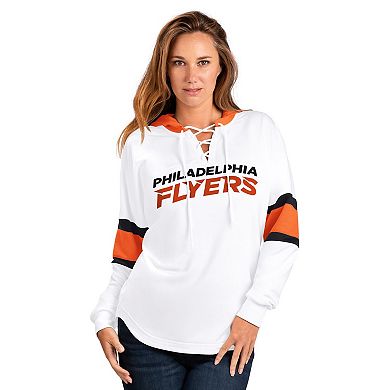 Women's G-III 4Her by Carl Banks White Philadelphia Flyers Goal Zone Long Sleeve Lace-Up Hoodie T-Shirt