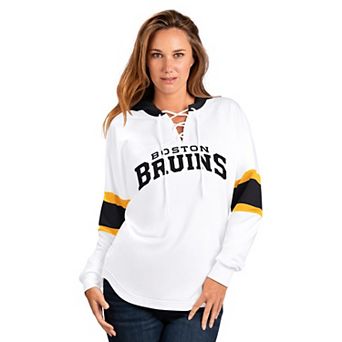 Women's G-III 4Her by Carl Banks White Boston Bruins Goal Zone Long Sleeve Lace-Up Hoodie T-Shirt
