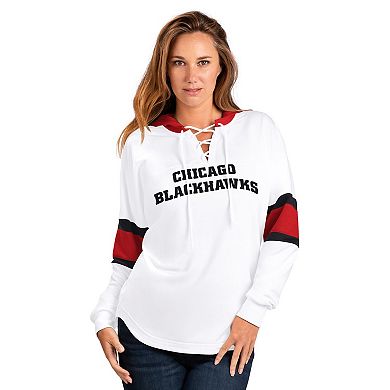 Women's G-III 4Her by Carl Banks White Chicago Blackhawks Goal Zone Long Sleeve Lace-Up Hoodie T-Shirt