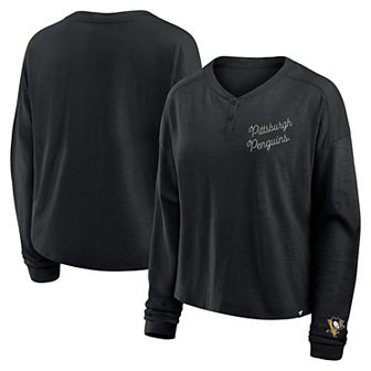 Women's Fanatics Black Pittsburgh Penguins Oversized All Out Effort Long Sleeve Henley T-Shirt