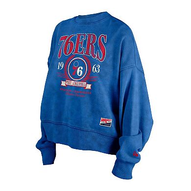 Women's New Era Royal Philadelphia 76ers Hardwood Classics Enzyme Wash Oversized Boxy Pullover Sweatshirt