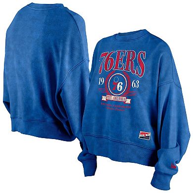 Women's New Era Royal Philadelphia 76ers Hardwood Classics Enzyme Wash Oversized Boxy Pullover Sweatshirt