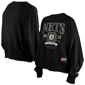 Women's New Era Black Brooklyn Nets Throwback Vintage Enzyme Wash Oversized Boxy Pullover Sweatshirt
