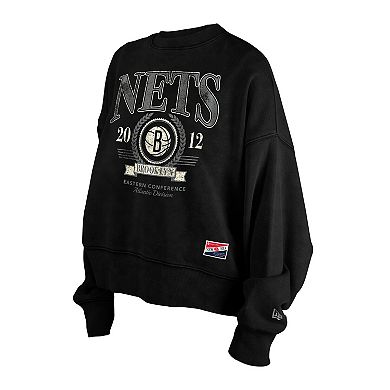Women's New Era Black Brooklyn Nets Throwback Vintage Enzyme Wash Oversized Boxy Pullover Sweatshirt